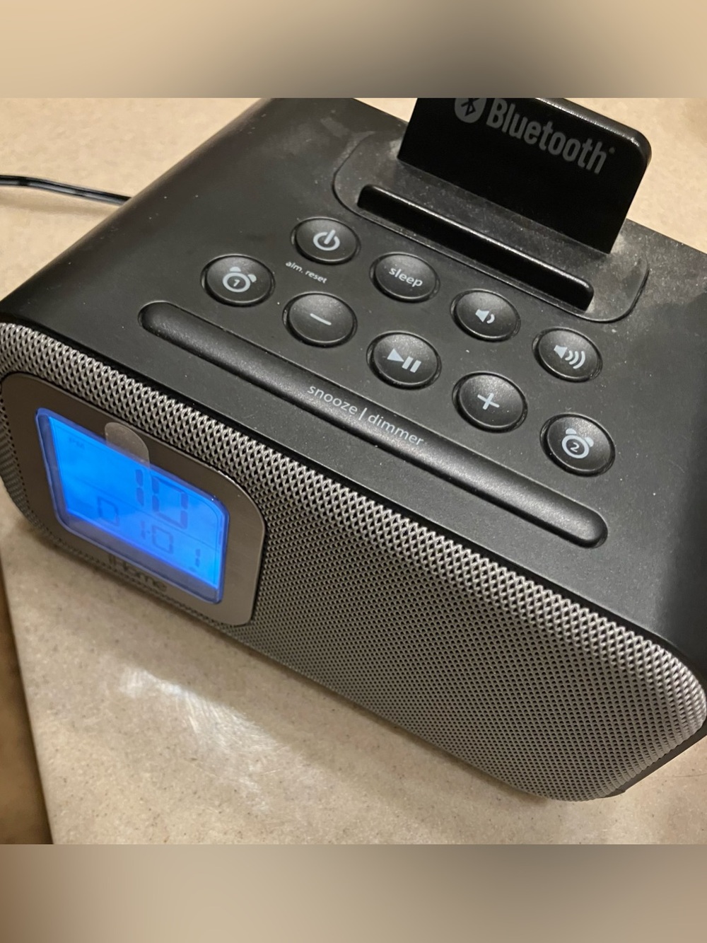 iHome Black Bluetooth Alarm Clock Speaker with Blue Backlit Display